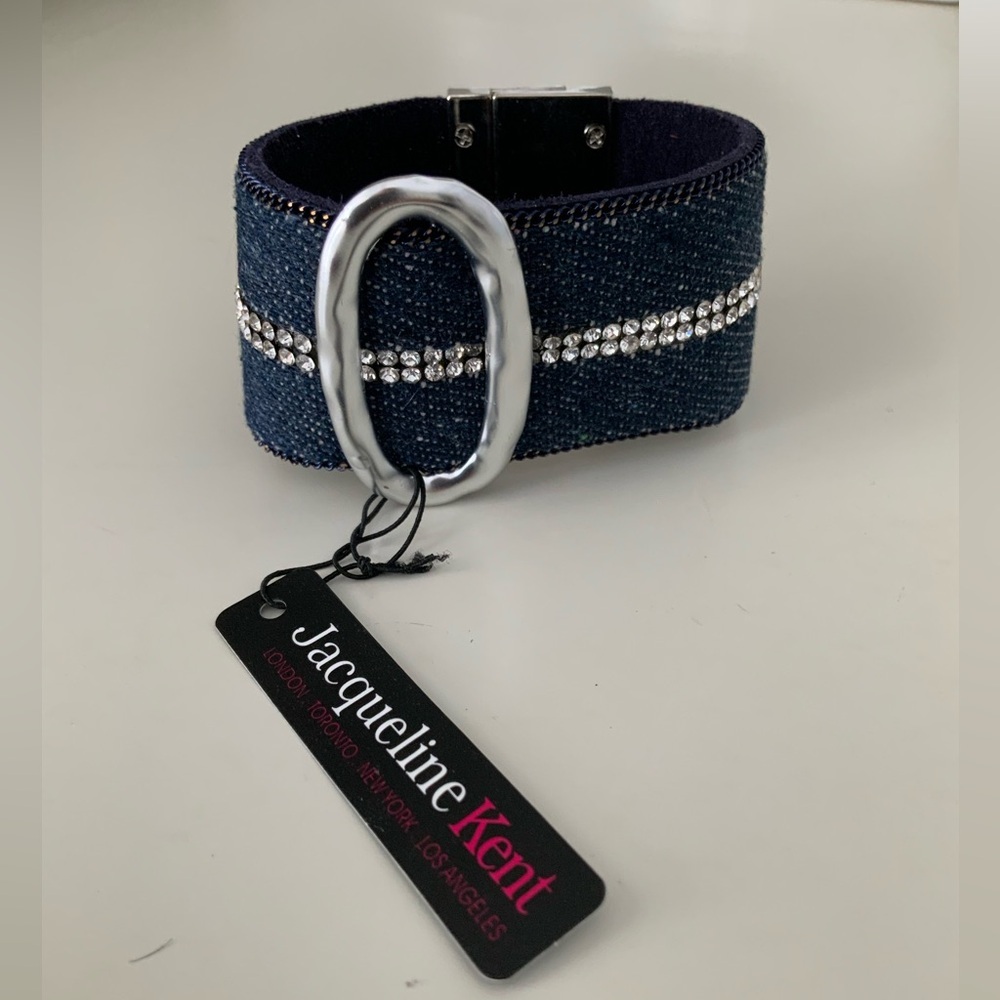 JACQUELINE KENT Denim Crystal Turn Lock Silver Statement Cuff Bracelet BRAND NEW